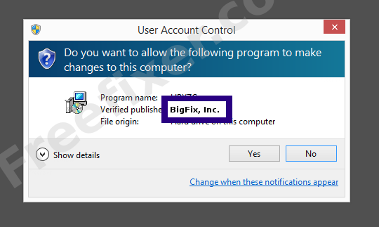 Screenshot where BigFix, Inc. appears as the verified publisher in the UAC dialog
